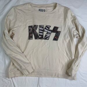 Kiss Band Sweater Womens XL Ivory Alternative Rock Metal Music Sweatshirt A0303